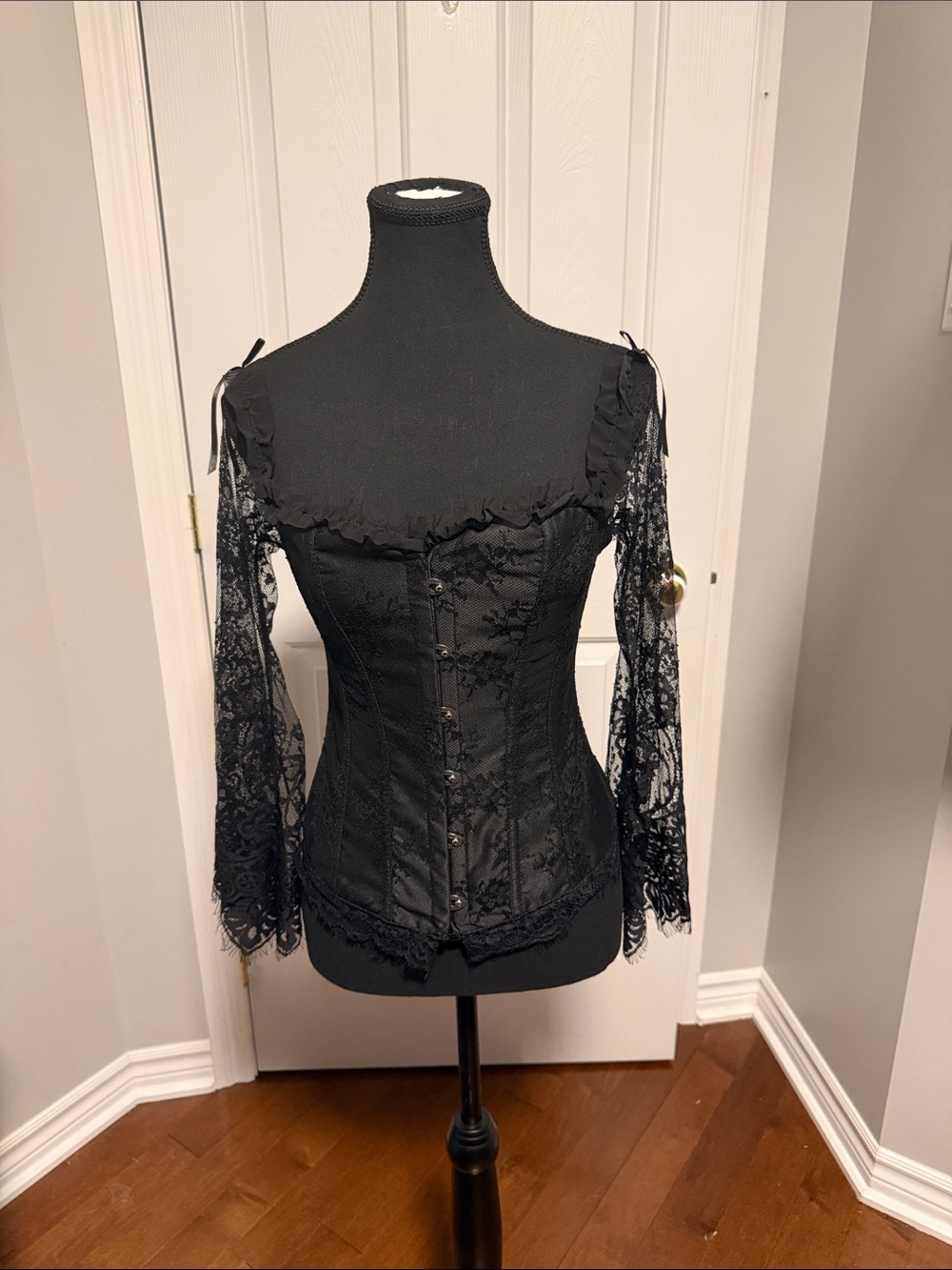 Black Lace Corset Top with Sheer Sleeves